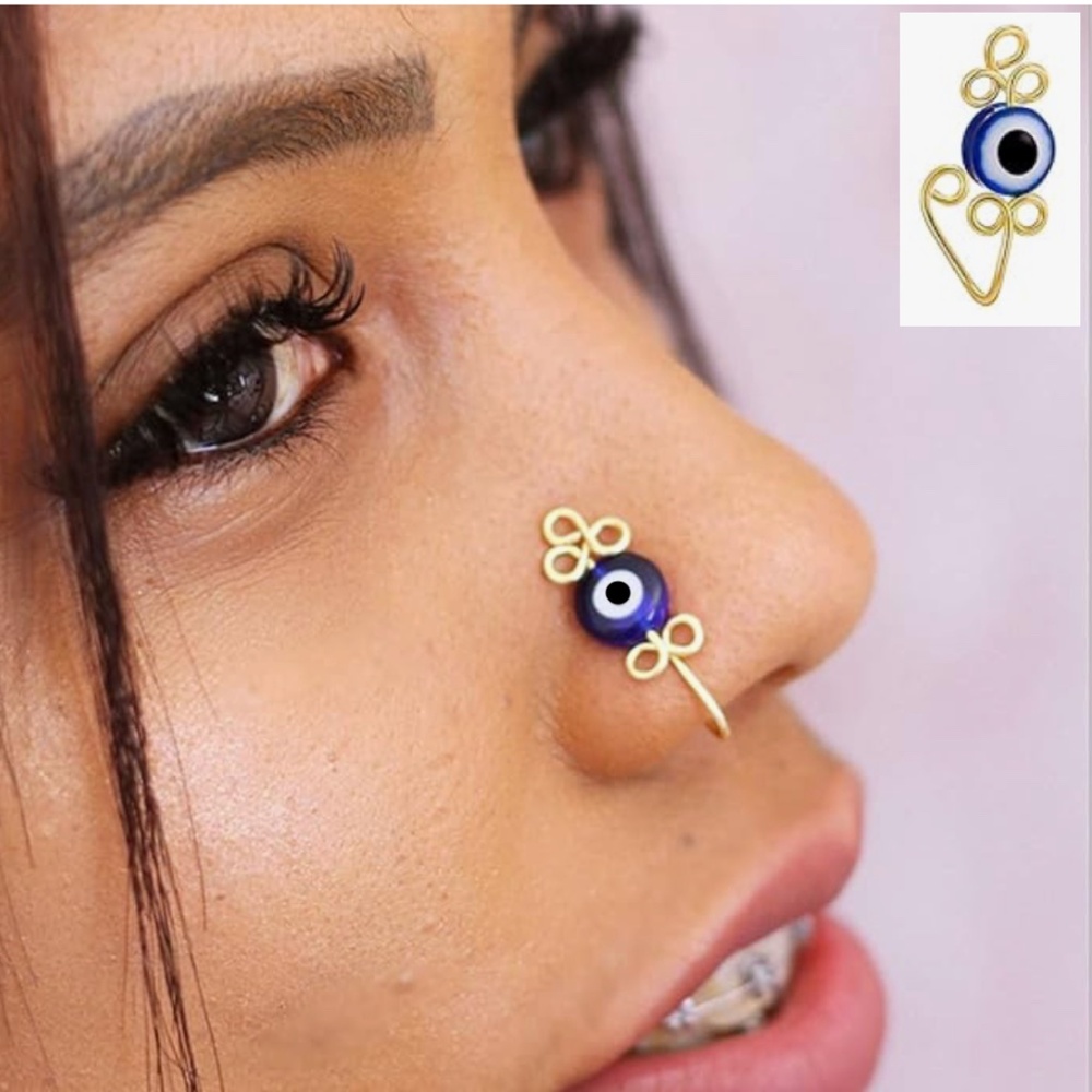 Gold Nose Cuff Faux Ring No Piercing Wire Wrap Evil Eye Glass Bead